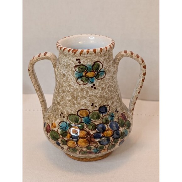 Vintage Italian Hand-Painted Ceramic Double-Handle Vase With Floral Design 4.75" - Picture 1 of 7